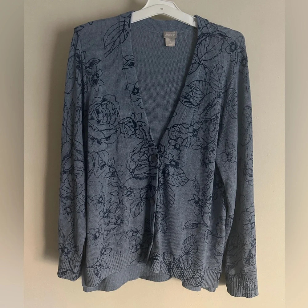 Chico's Blue Floral Knit Cardigan
